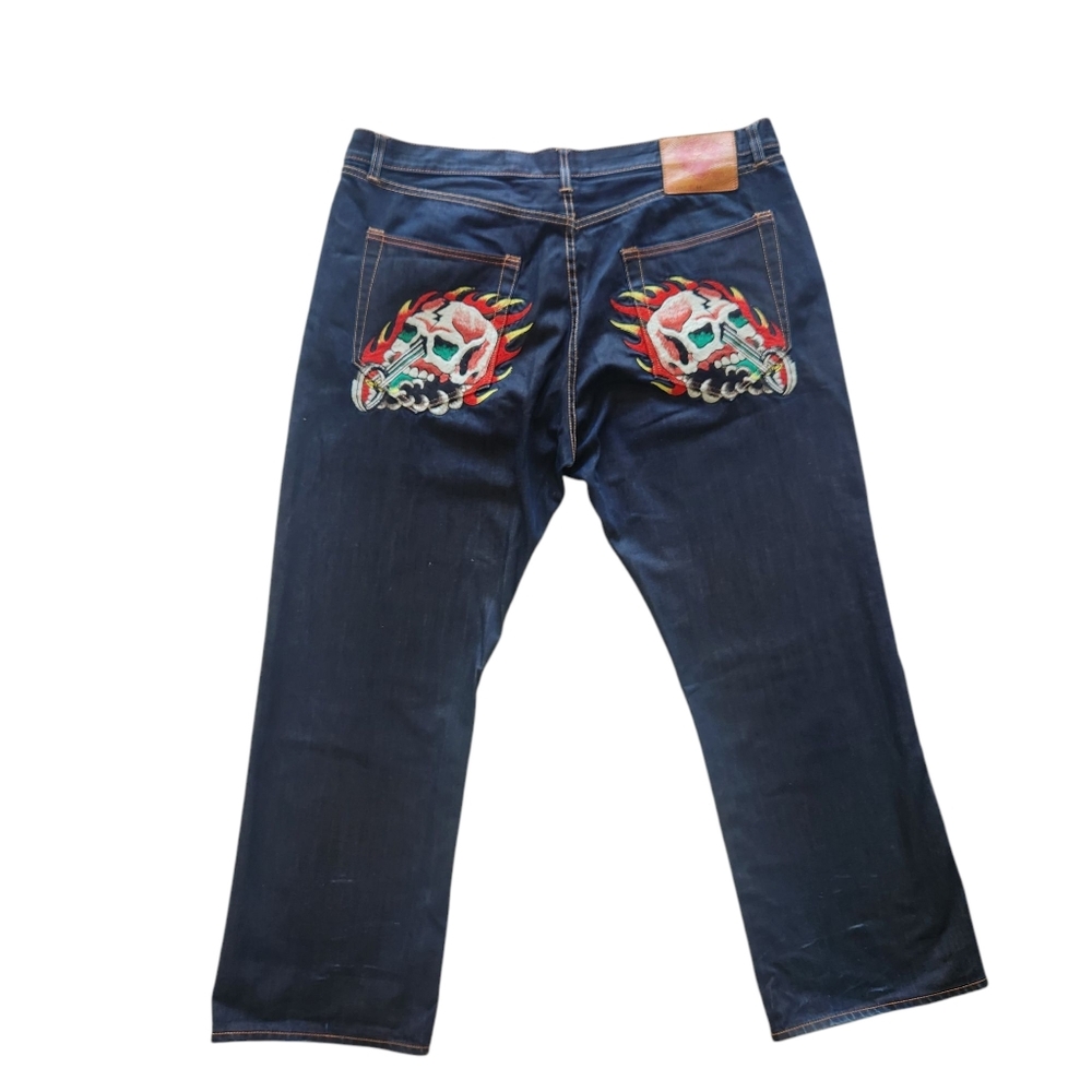 Vtg Ed Hardy Y2K Skulls Motorcycle Ghost-Rider Baggy Embroidered Jeans 44×34